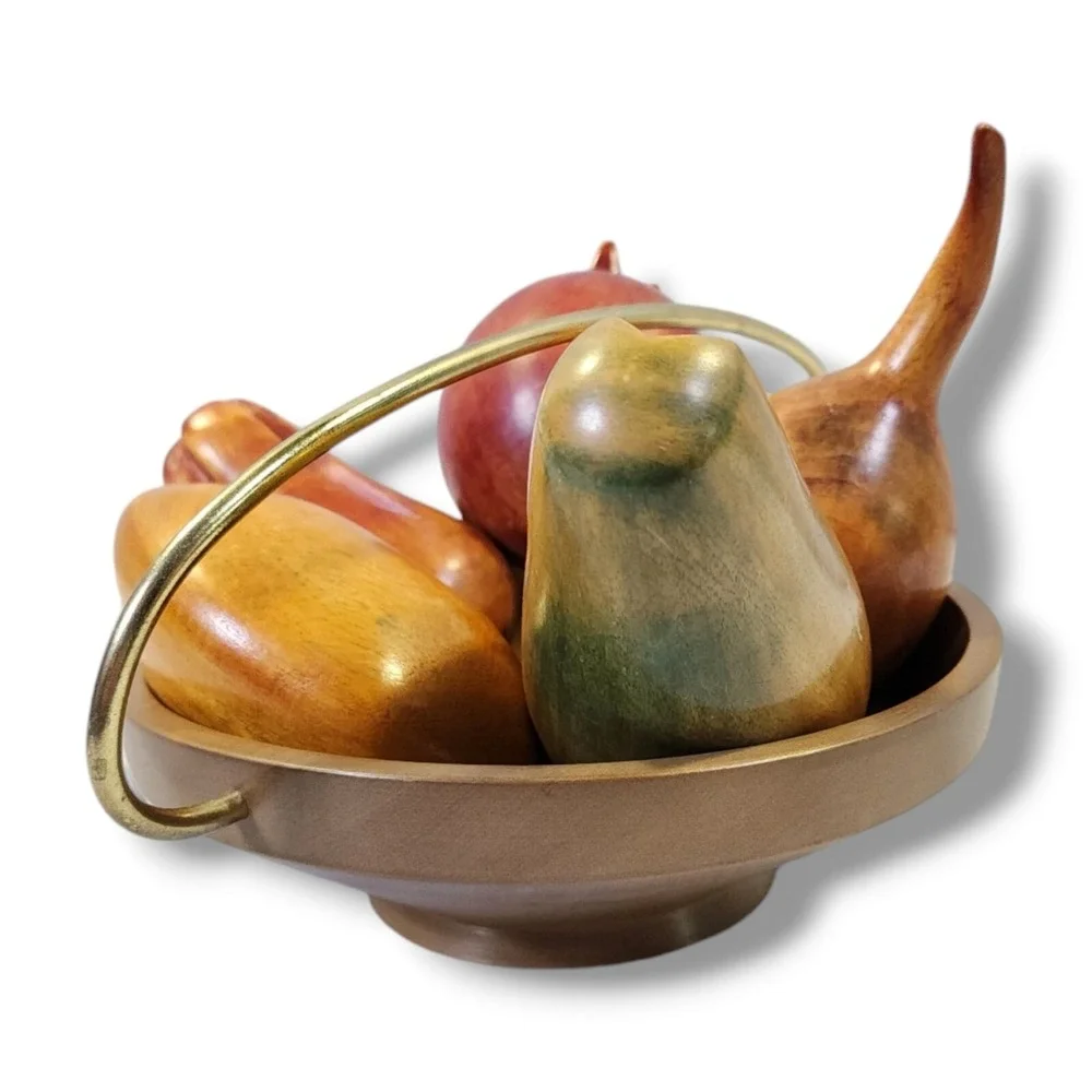 Vintage Nasco Wooden Bowl W/Brass Handel‎ and 5 Wooden Fruit